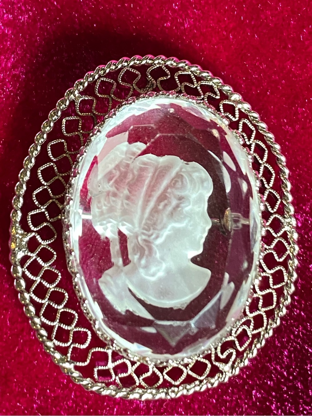 Vintage Whiting & Davis Crystal Intaglio Cameo Necklace Silver Tone Filigree